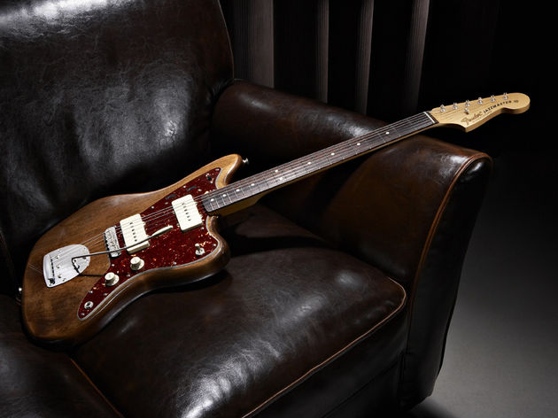 Fender Elvis Costello Jazzmaster A lovely brown guitar lounges on a nice leather couch